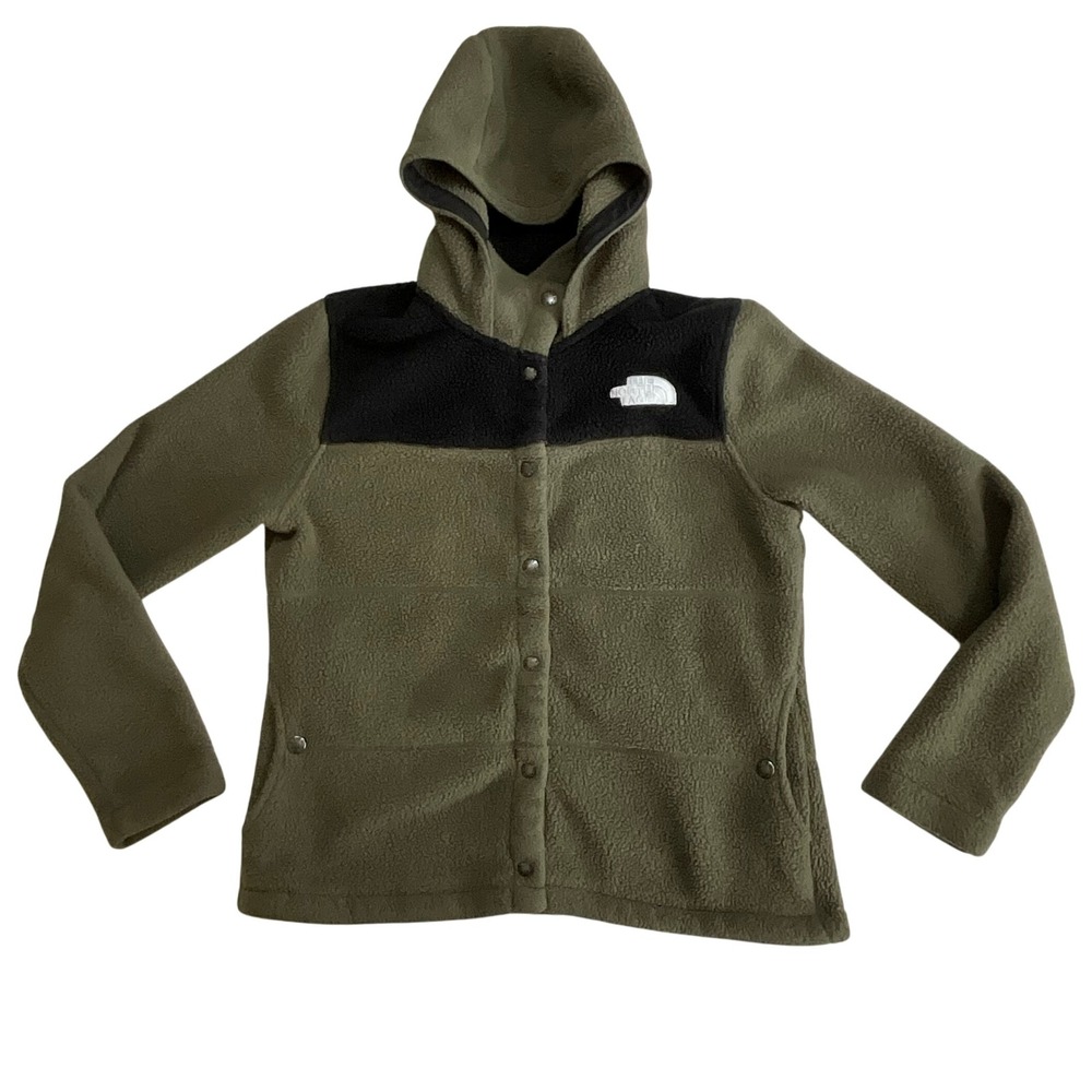 The North Face Fleece‎ Hooded Snap Front Jacket Green Black Women Size S
